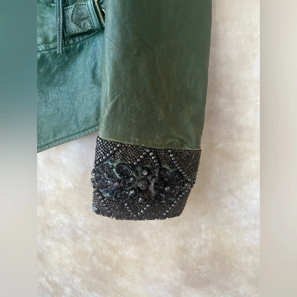 Diesel Distressed Dark Green Leather Premise Beaded Moto Jacket - Picture 3 of 14